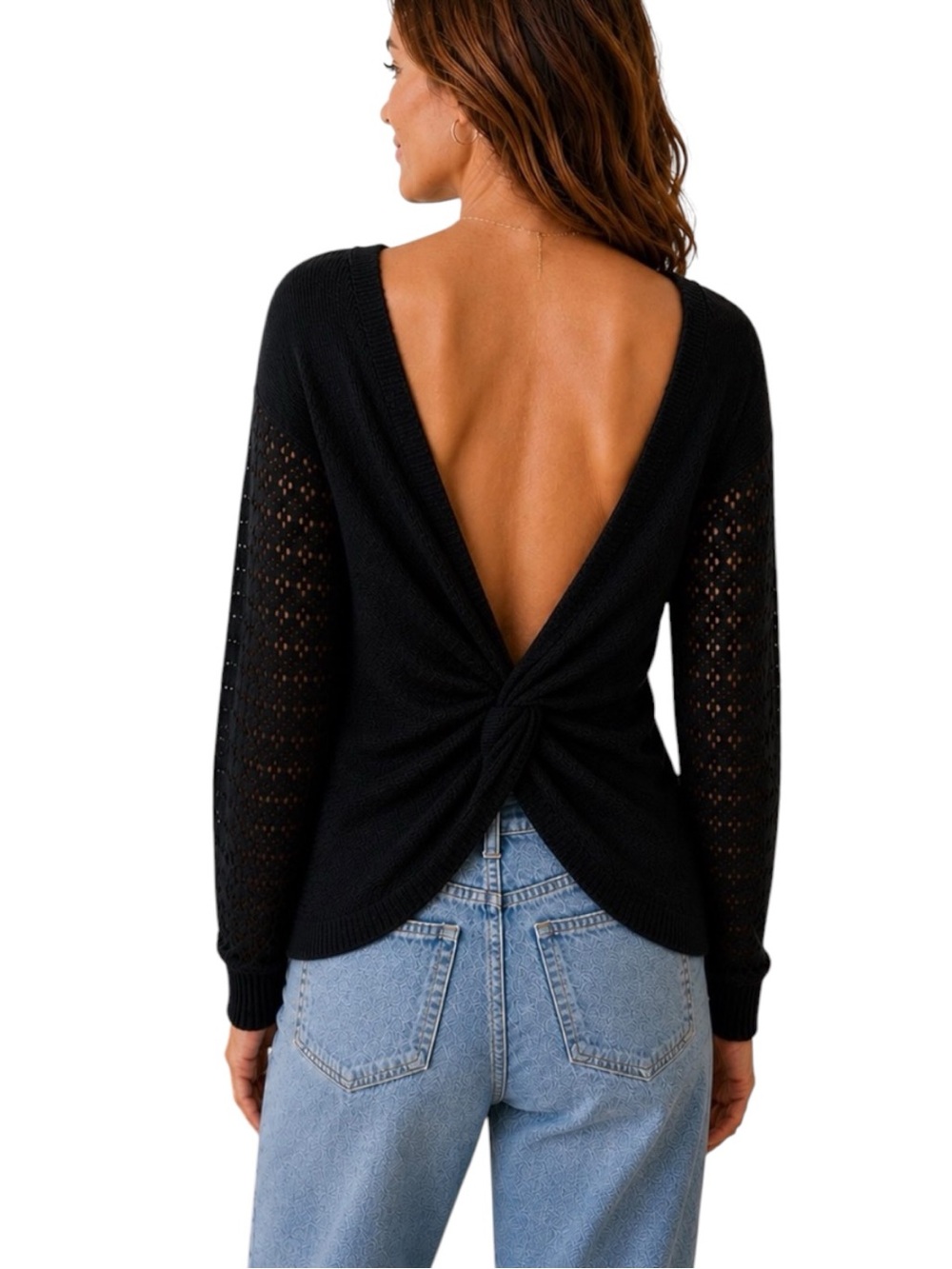 Kismet black knit sweater 2 way sweater crochet scoop neck open back Vneck small